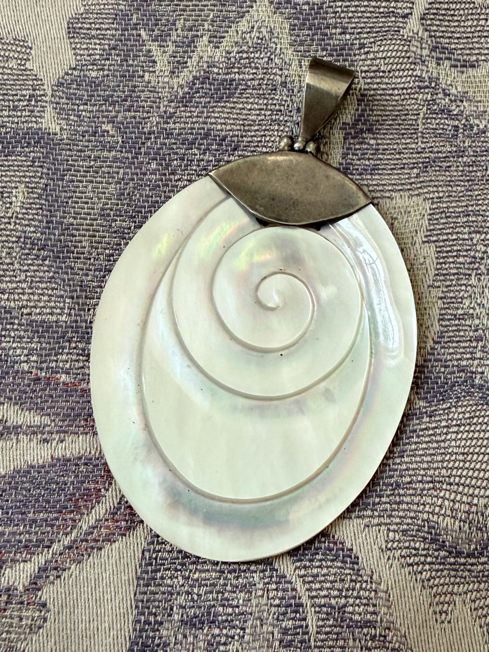 Sterling Silver & mother of pearl hand carved Pendant with Hinge Bail